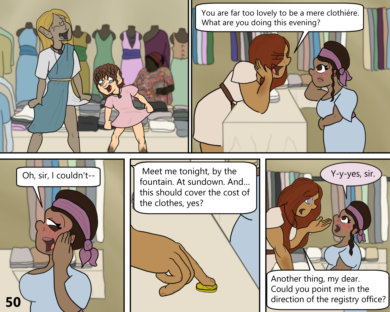 The two enslaved persons very happy for their new clothes while Bea in her Human man form chats up the girl from the milliner's stall, asking her to meet him by the fountain at nightfall.