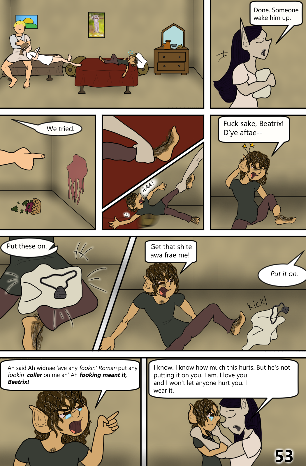 See? She can be nice sometimes. Occasionally. Bea arrives back at the room in her usual form carrying tunics abd collars. Lysander and Bradley are lounging on the cot while Sancho is asleep in the big bed, having resisted every attempt to wake him. She pulls onto the floor by his leg and throws clothes at him.