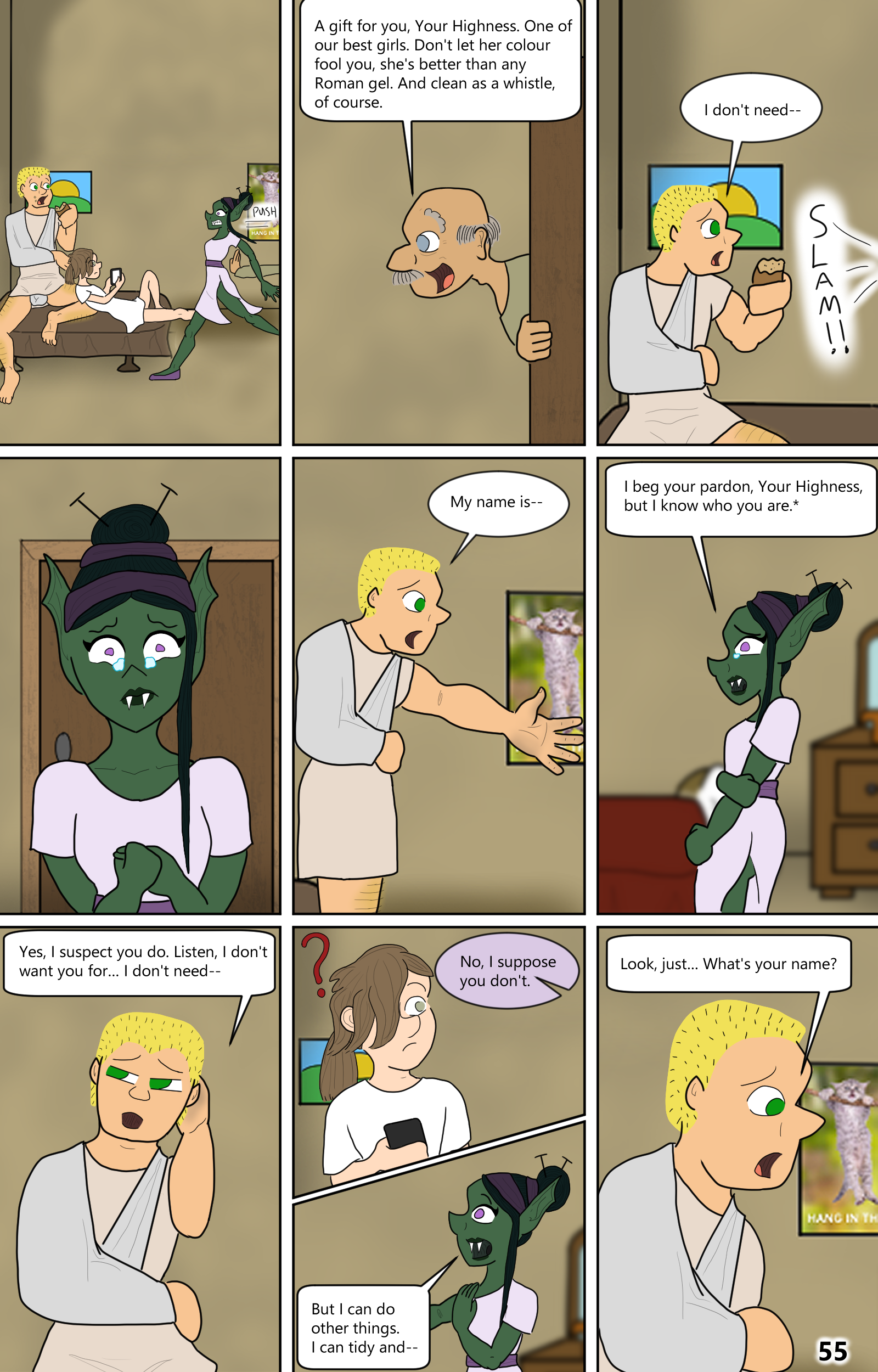 After the last goblin girl shoved at him, Lysander is going to be a LOT more careful this time around. Thalidomide shoves the Goblin girl into the room with the intent that she seduce Lysander, but all she can really do is cry in fear. Lysander gently tells her her services are not required. She assumes Bradley is already providing these services.