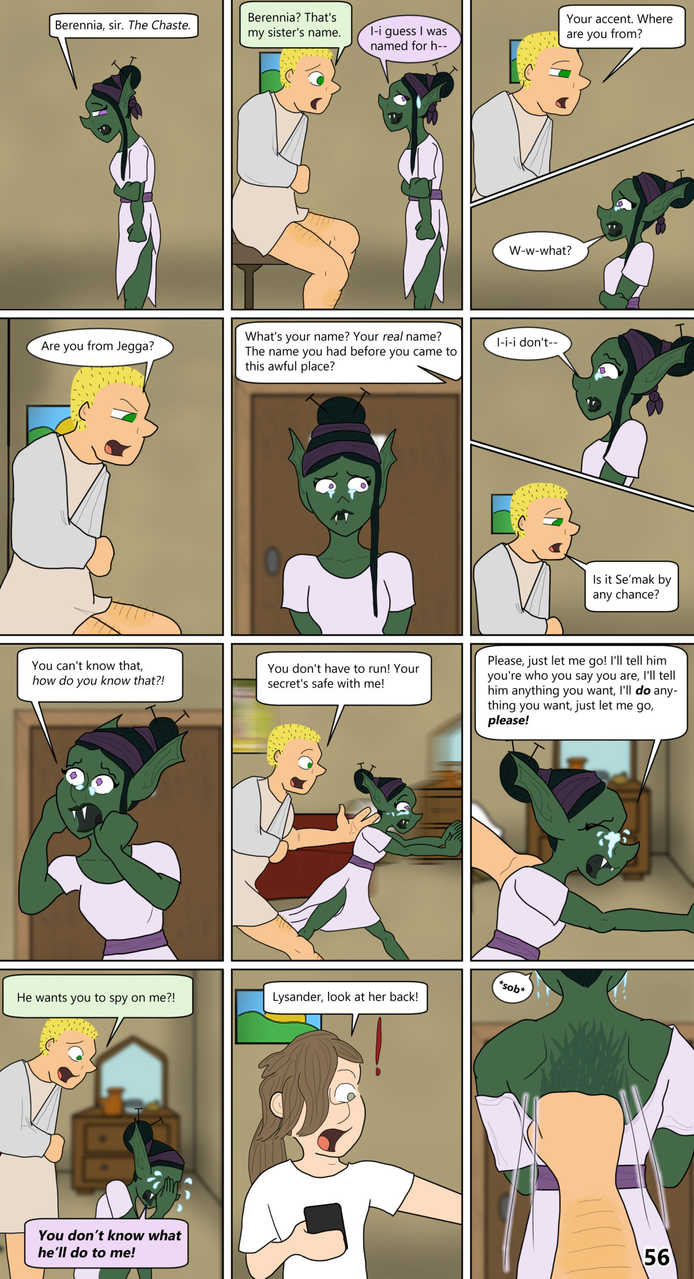 After a bit of deft questioning (and quite a lot of tears), we learn that the girl is Se'mak Tohr, the kidnapped daughter of Jo'mak Tohr and Grish'ak Keel, the goblin King and Queen from the previous chapter. It is also revealed that she has been badly flogged.